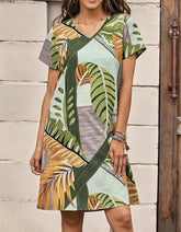 Plants Printed V Neck Short Sleeve Short A-Line Dresses