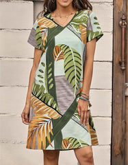 Plants Printed V Neck Short Sleeve Short A-Line Dresses