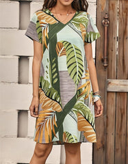 Plants Printed V Neck Short Sleeve Short A-Line Dresses