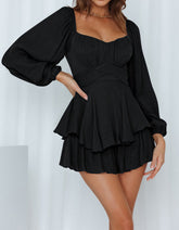 Solid-color Square Neck Long Lantern Sleeve Ruffle Short A-Line Dresses