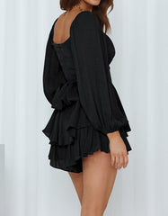 Solid-color Square Neck Long Lantern Sleeve Ruffle Short A-Line Dresses