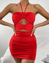 Solid-color Crisscross Halter Backless Cutout Pleated Short Bodycon Dresses