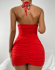 Solid-color Crisscross Halter Backless Cutout Pleated Short Bodycon Dresses