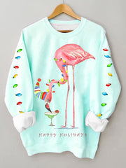 Merry Christmas Flamingo Fun Print Casual Sweatshirt