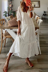 Eyelet Embroidery Tassel Detail Ruffle Hem Dress
