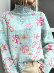Blue Christmas Cane Christmas Tree Pattern Art Print Knit Turtleneck Pullover Sweater