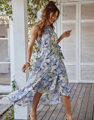 Floral Print Halter Backless Belted Asymmetrical A Line Dresses