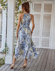 Floral Print Halter Backless Belted Asymmetrical A Line Dresses