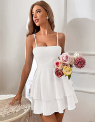 Solid-color Strap Backless Bow Tie-Back Short Dresses