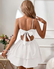Solid-color Strap Backless Bow Tie-Back Short Dresses