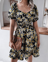 V Neck Short Sleeve Floral Printed Ruffle A Line Dresses