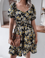 V Neck Short Sleeve Floral Printed Ruffle A Line Dresses