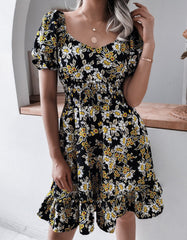 V Neck Short Sleeve Floral Printed Ruffle A Line Dresses