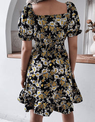 V Neck Short Sleeve Floral Printed Ruffle A Line Dresses