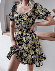 V Neck Short Sleeve Floral Printed Ruffle A Line Dresses