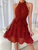Sleeveless Halter Round Neck Ruffle Short A Line Dresses