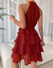 Sleeveless Halter Round Neck Ruffle Short A Line Dresses