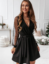 Plain V Neck Long Sleeve Belted Lace Short A Line Dresses