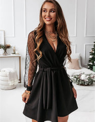 Plain V Neck Long Sleeve Belted Lace Short A Line Dresses