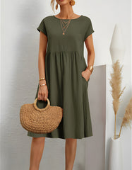 Plain Round Neck Short Sleeve OL A Line Dresses