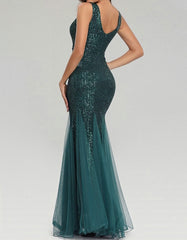 Solid-color V Neck Sleeveless Sequin Stitching Mesh Mermaid Evening Dresses