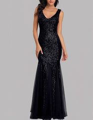 Solid-color V Neck Sleeveless Sequin Stitching Mesh Mermaid Evening Dresses