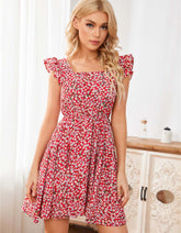Daisy Floral Square Neck Short Sleeve Short A-Line Dresses