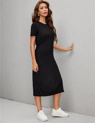 Solid-color Round Neck Short Sleeve Slits Midi T Dresses