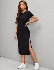 Solid-color Round Neck Short Sleeve Slits Midi T Dresses