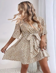 Dot Print V Neck Belted Short Sleeve Short A-Line Dresses