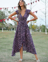 Disty Floral Bohemian V-Neck Asymmetrical Long A-Line Dresses