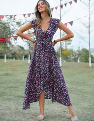 Disty Floral Bohemian V-Neck Asymmetrical Long A-Line Dresses