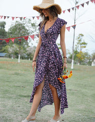 Disty Floral Bohemian V-Neck Asymmetrical Long A-Line Dresses