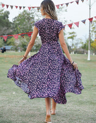 Disty Floral Bohemian V-Neck Asymmetrical Long A-Line Dresses