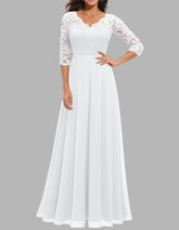 Solid-color V Neck Lace Patchwork Long A-Line Ruffle Hem Evening Dresses