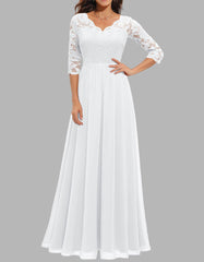 Solid-color V Neck Lace Patchwork Long A-Line Ruffle Hem Evening Dresses