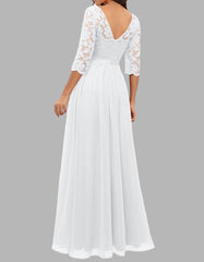 Solid-color V Neck Lace Patchwork Long A-Line Ruffle Hem Evening Dresses