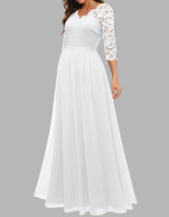 Solid-color V Neck Lace Patchwork Long A-Line Ruffle Hem Evening Dresses