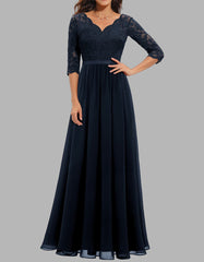 Solid-color V Neck Lace Patchwork Long A-Line Ruffle Hem Evening Dresses