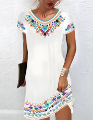 Ethnic Style Print Round Neck Midi A-Line Dresses