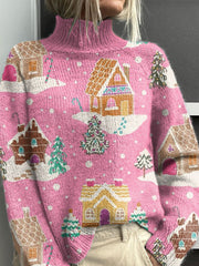 Pink Christmas Christmas Tree Pattern Art Print Knit Turtleneck Pullover Sweater