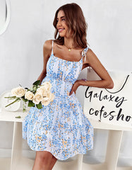 Disty Floral Print Strap Pleated Short A Line Dresses