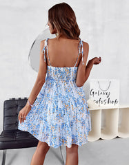 Disty Floral Print Strap Pleated Short A Line Dresses