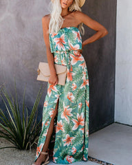 Tropical Print Split Ruffle Hem Foldover Tube Dress