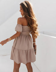 Solid-color Off The Shoulder Short Sleeve Short Pleated A-Line Dresses