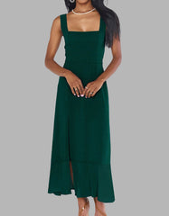 Solid-color Elegant Square Neck Backless Slits Long A-Line Dresses