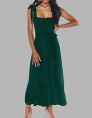 Solid-color Elegant Square Neck Backless Slits Long A-Line Dresses