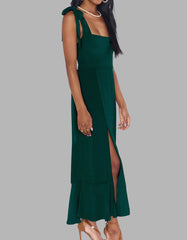 Solid-color Elegant Square Neck Backless Slits Long A-Line Dresses