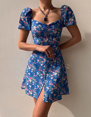 Disty Floral Print Slits V-Neck Short A Line Dresses