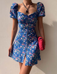 Disty Floral Print Slits V-Neck Short A Line Dresses
